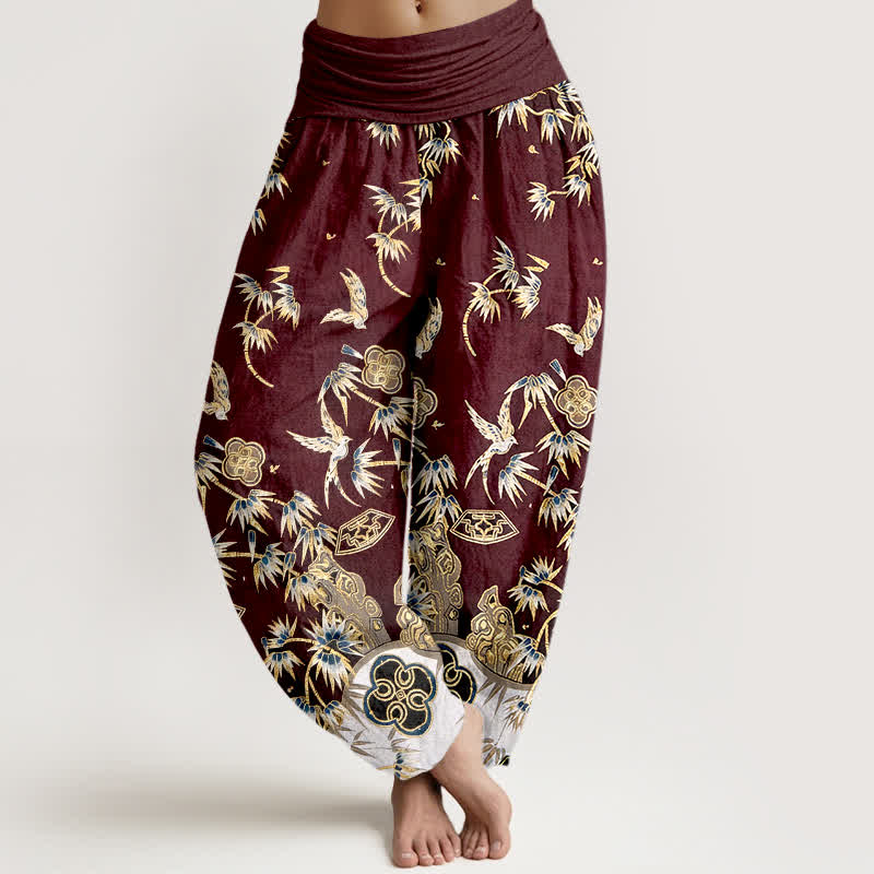 Buddha Stones Pantalones harem de algodón con estampado de bambú y pájaros para mujer, de cintura alta y elástico. - Marrón - US16，UK/AU20，EU48 (3XL) - image 8