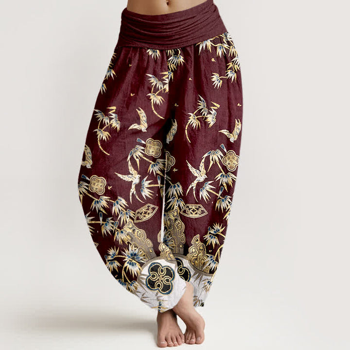 Buddha Stones Pantalones harem de algodón con estampado de bambú y pájaros para mujer, de cintura alta y elástico. - Marrón - US16，UK/AU20，EU48 (3XL) - image 8