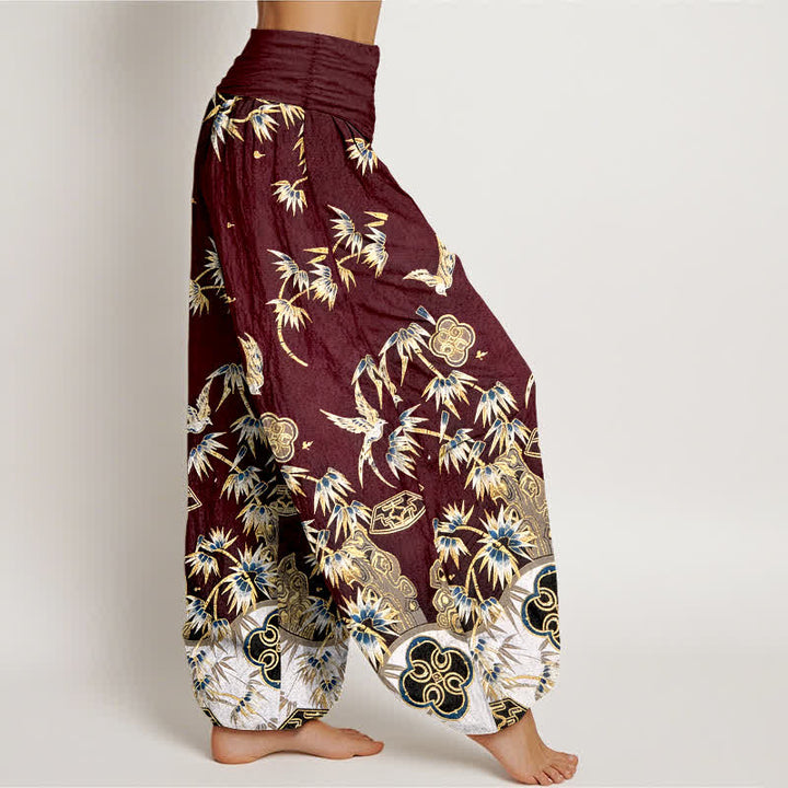 Buddha Stones Pantalones harem de algodón con estampado de bambú y pájaros para mujer, de cintura alta y elástico. - image 10
