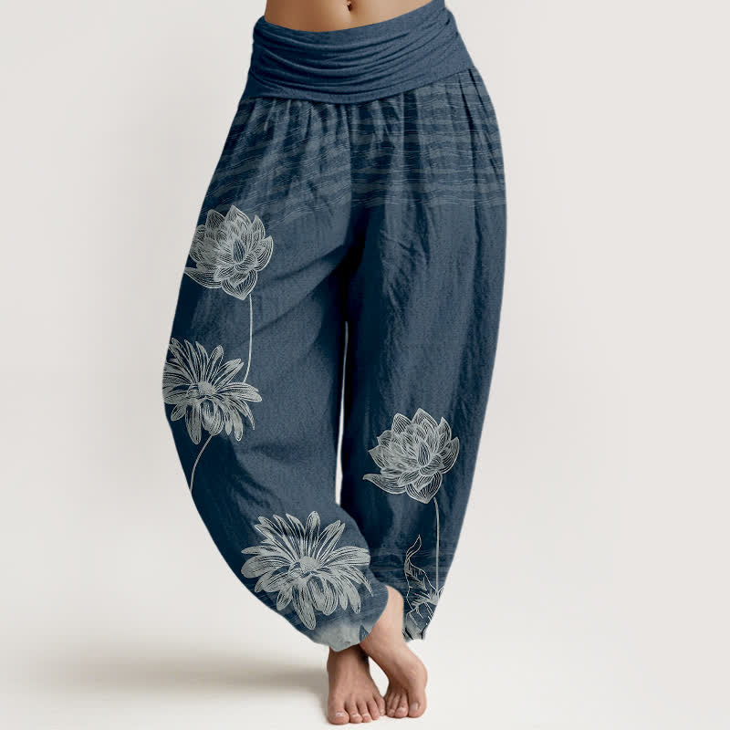 Buddha Stones Pantalones harem de algodón para mujer con diseño de cintura alta Lotus - Azul oscuro - US16，UK/AU20，EU48 (3XL) - image 0