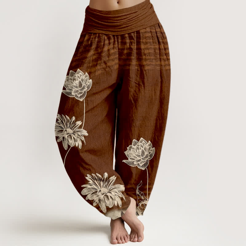 Buddha Stones Pantalones harem de algodón para mujer con diseño de cintura alta Lotus - Marrón silla de montar - US16，UK/AU20，EU48 (3XL) - image 5