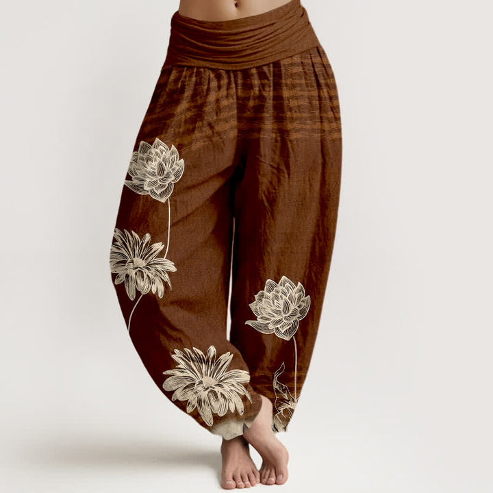 Buddha Stones Pantalones harem de algodón para mujer con diseño de cintura alta Lotus - Marrón silla de montar - US16，UK/AU20，EU48 (3XL) - image 5