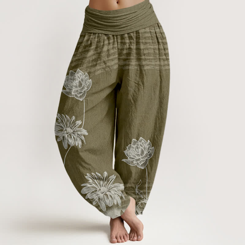 Buddha Stones Pantalones harem de algodón para mujer con diseño de cintura alta Lotus - Aceituna - US16，UK/AU20，EU48 (3XL) - image 8