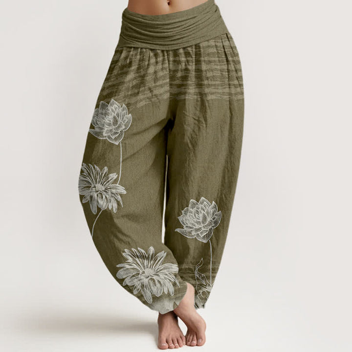 Buddha Stones Pantalones harem de algodón para mujer con diseño de cintura alta Lotus - Aceituna - US16，UK/AU20，EU48 (3XL) - image 8