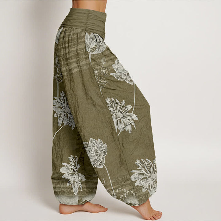 Buddha Stones Pantalones harem de algodón para mujer con diseño de cintura alta Lotus - image 10