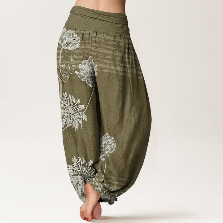 Buddha Stones Pantalones harem de algodón para mujer con diseño de cintura alta Lotus - image 9