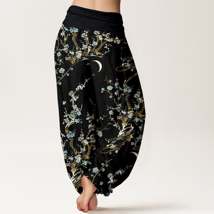 Buddha Stones Pantalones harem de mujer de algodón puro con estampado de ramas de flores de ciruelo y cintura elástica. - image 1