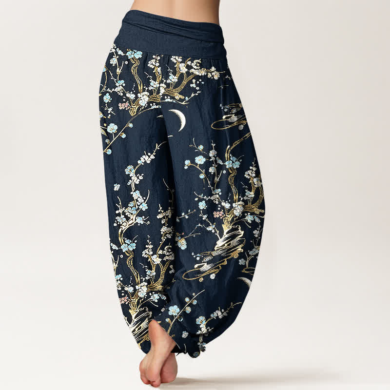 Buddha Stones Pantalones harem de mujer de algodón puro con estampado de ramas de flores de ciruelo y cintura elástica. - image 9