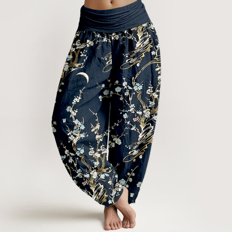 Buddha Stones Pantalones harem de mujer de algodón puro con estampado de ramas de flores de ciruelo y cintura elástica. - Vara de oro oscura - US16，UK/AU20，EU48 (3XL) - image 8