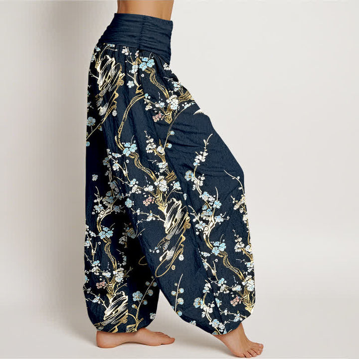 Buddha Stones Pantalones harem de mujer de algodón puro con estampado de ramas de flores de ciruelo y cintura elástica. - image 10