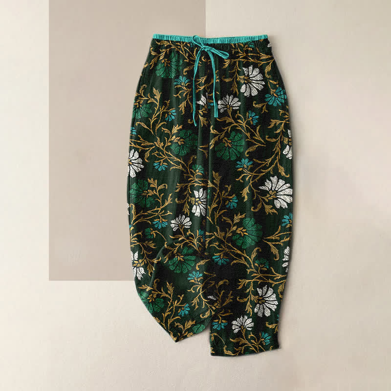 Buddha Stones Pantalones de algodón para mujer con cintura elástica, cordón ajustable y estampado de flores y enredaderas, con bolsillos. - Verde oliva oscuro - US16，UK/AU20，EU48 (3XL) - image 0