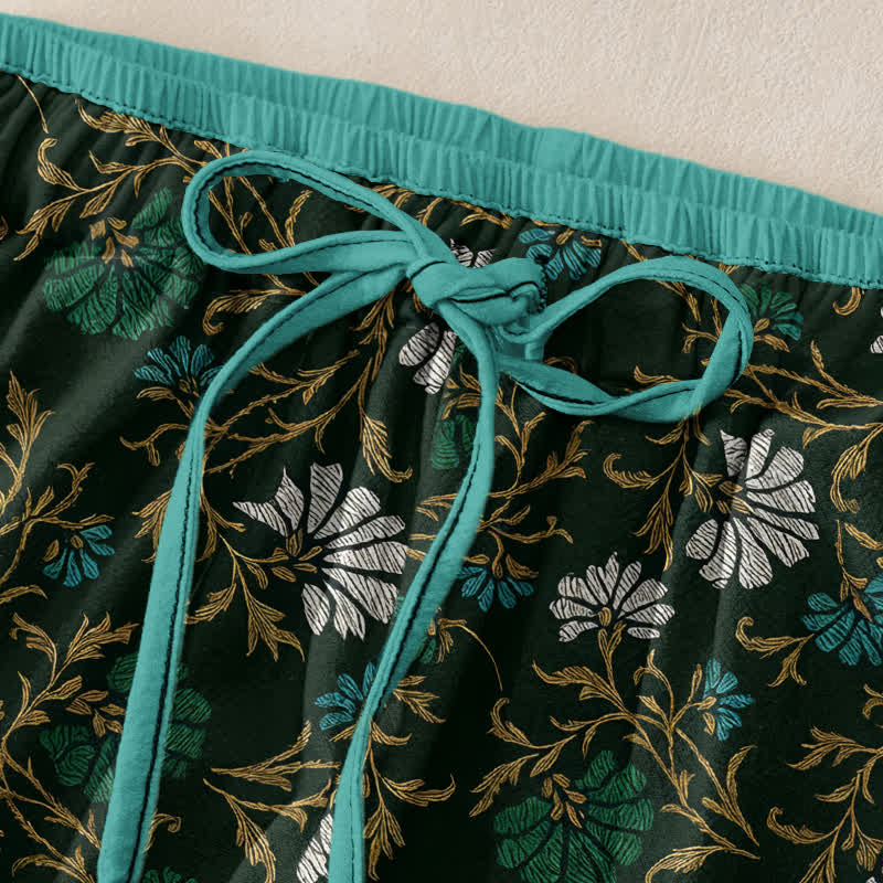 Buddha Stones Pantalones de algodón para mujer con cintura elástica, cordón ajustable y estampado de flores y enredaderas, con bolsillos. - image 1