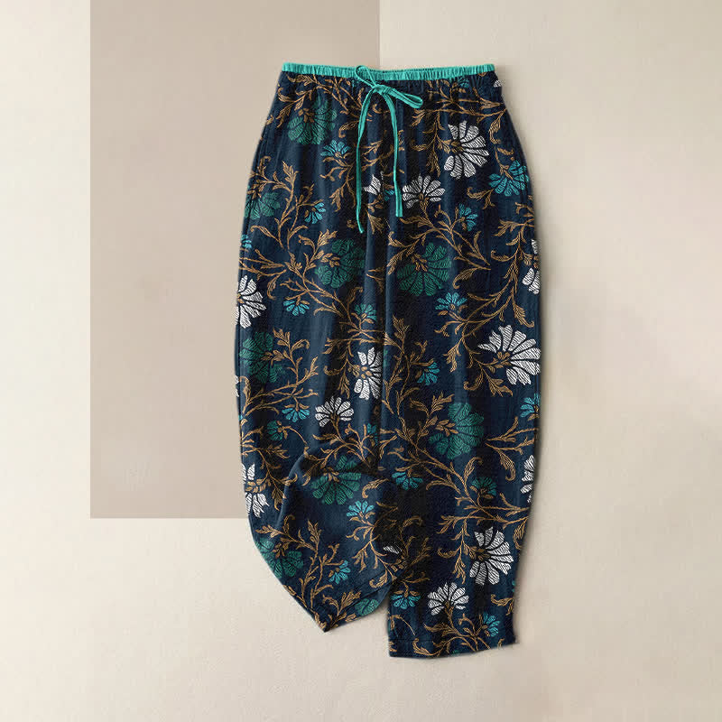 Buddha Stones Pantalones de algodón para mujer con cintura elástica, cordón ajustable y estampado de flores y enredaderas, con bolsillos. - Gris pizarra oscuro - US16，UK/AU20，EU48 (3XL) - image 4