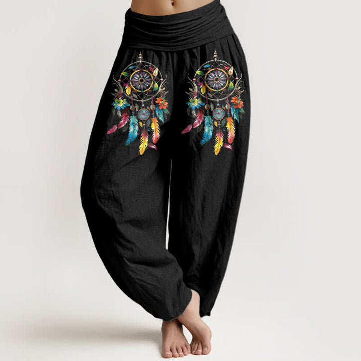 Buddha Stones Pantalones harem de mujer de talle alto con estampado de atrapasueños dobles de algodón coloridos. - Negro - US16，UK/AU20，EU48 (3XL) - image 0