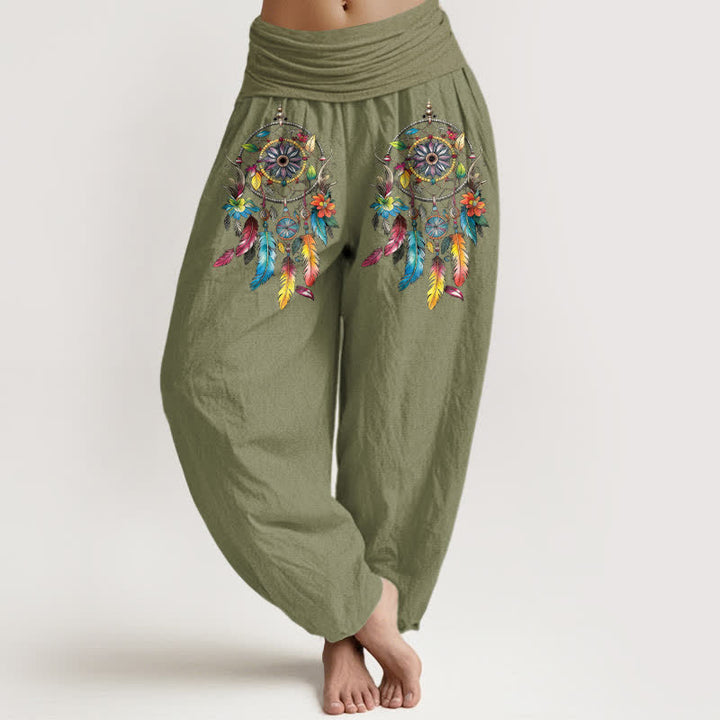 Buddha Stones Pantalones harem de mujer de talle alto con estampado de atrapasueños dobles de algodón coloridos. - Verde oliva - US16，UK/AU20，EU48 (3XL) - image 14