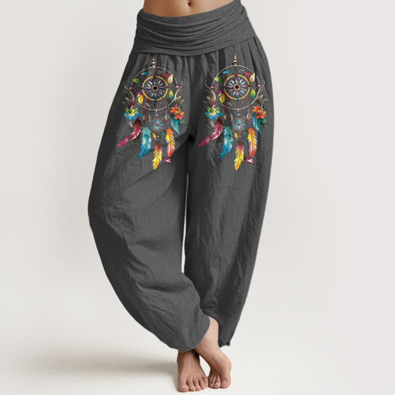 Buddha Stones Pantalones harem de mujer de talle alto con estampado de atrapasueños dobles de algodón coloridos. - Gris oscuro - US16，UK/AU20，EU48 (3XL) - image 8