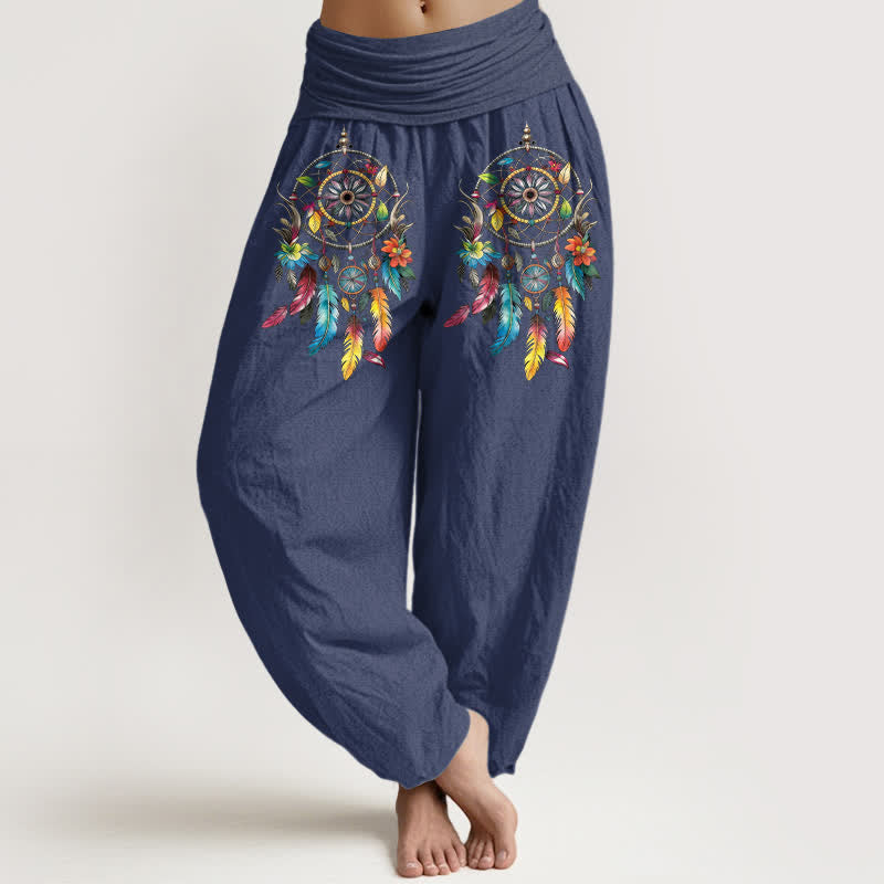 Buddha Stones Pantalones harem de mujer de talle alto con estampado de atrapasueños dobles de algodón coloridos. - Azul pizarra oscuro - US16，UK/AU20，EU48 (3XL) - image 5