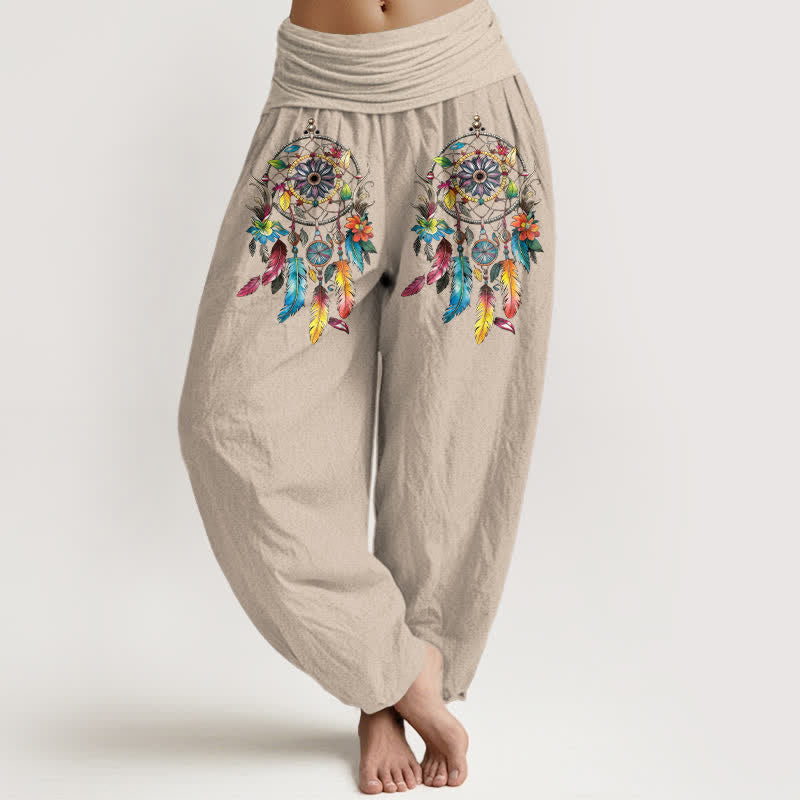 Buddha Stones Pantalones harem de mujer de talle alto con estampado de atrapasueños dobles de algodón coloridos. - Broncearse - US16，UK/AU20，EU48 (3XL) - image 11