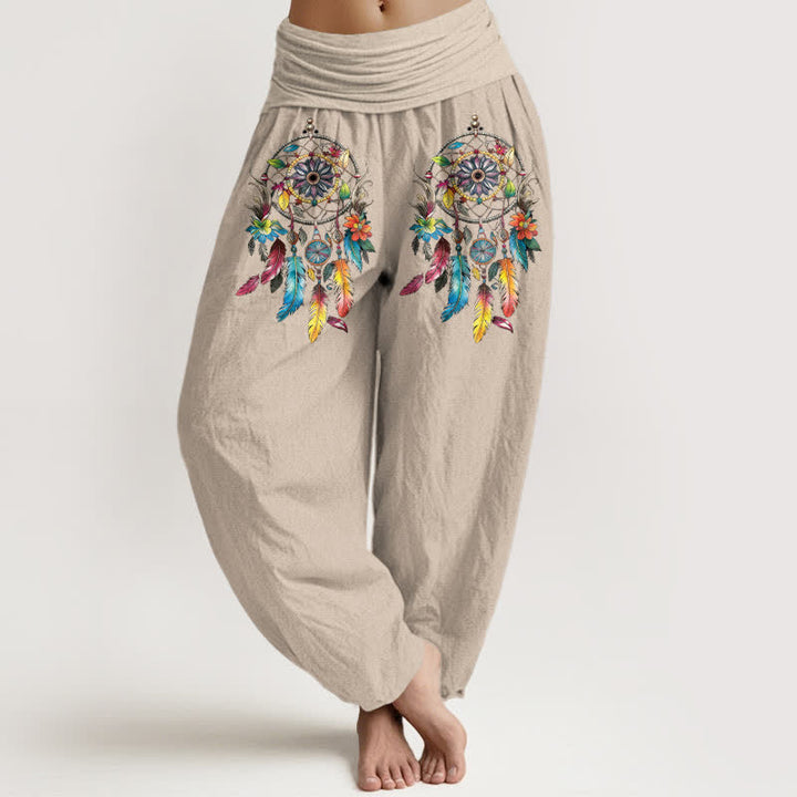 Buddha Stones Pantalones harem de mujer de talle alto con estampado de atrapasueños dobles de algodón coloridos. - Broncearse - US16，UK/AU20，EU48 (3XL) - image 11