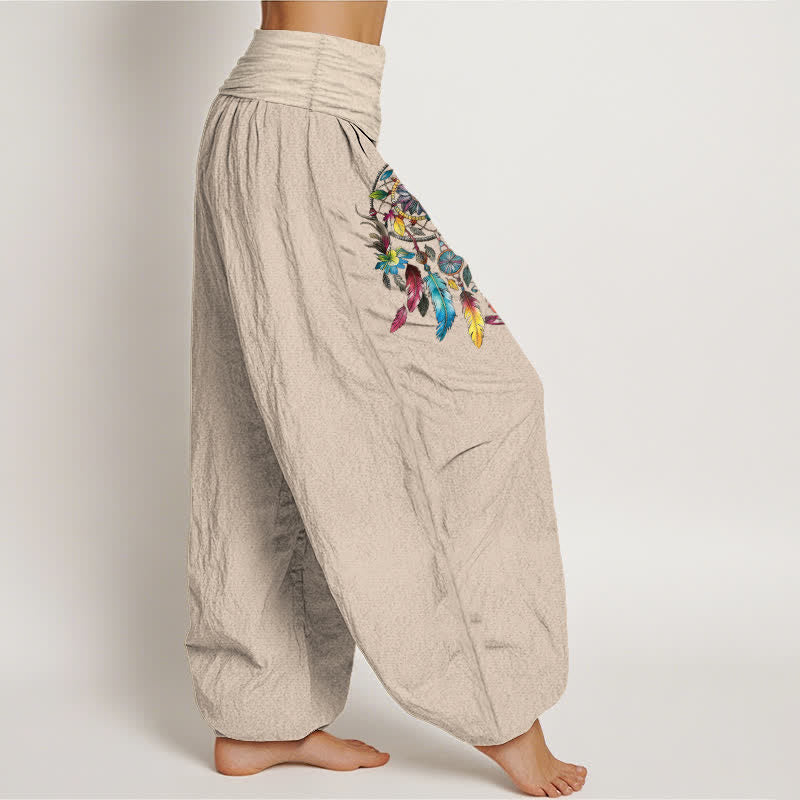 Buddha Stones Pantalones harem de mujer de talle alto con estampado de atrapasueños dobles de algodón coloridos. - image 13