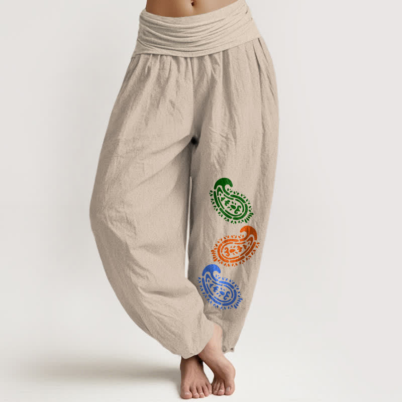 Buddha Stones Pantalones harem de mujer de talle alto con estampado paisley colorido y algodón puro. - Broncearse - US16，UK/AU20，EU48 (3XL) - image 0