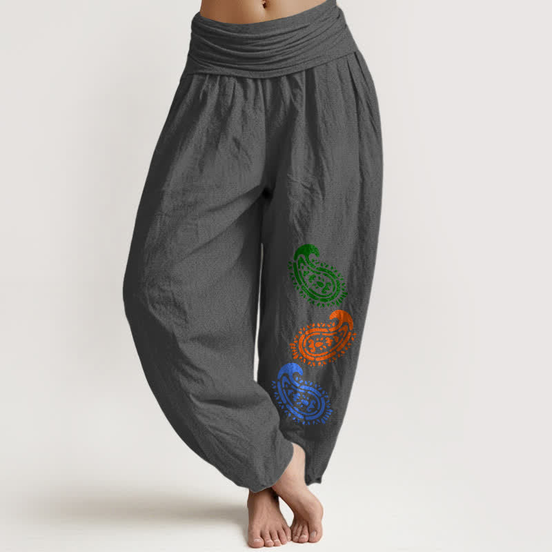 Buddha Stones Pantalones harem de mujer de talle alto con estampado paisley colorido y algodón puro. - Gris oscuro - US16，UK/AU20，EU48 (3XL) - image 11