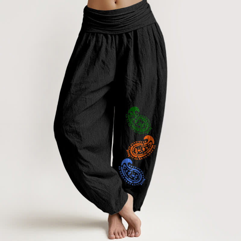 Buddha Stones Pantalones harem de mujer de talle alto con estampado paisley colorido y algodón puro. - Negro - US16，UK/AU20，EU48 (3XL) - image 5