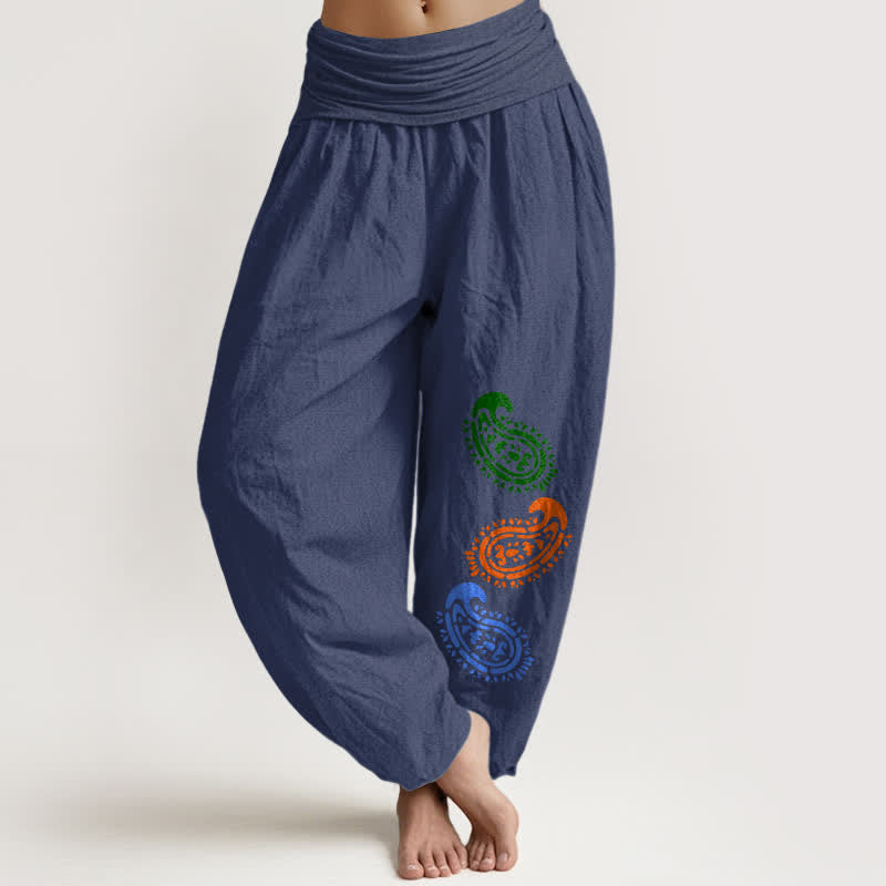 Buddha Stones Pantalones harem de mujer de talle alto con estampado paisley colorido y algodón puro. - Azul pizarra oscuro - US16，UK/AU20，EU48 (3XL) - image 8