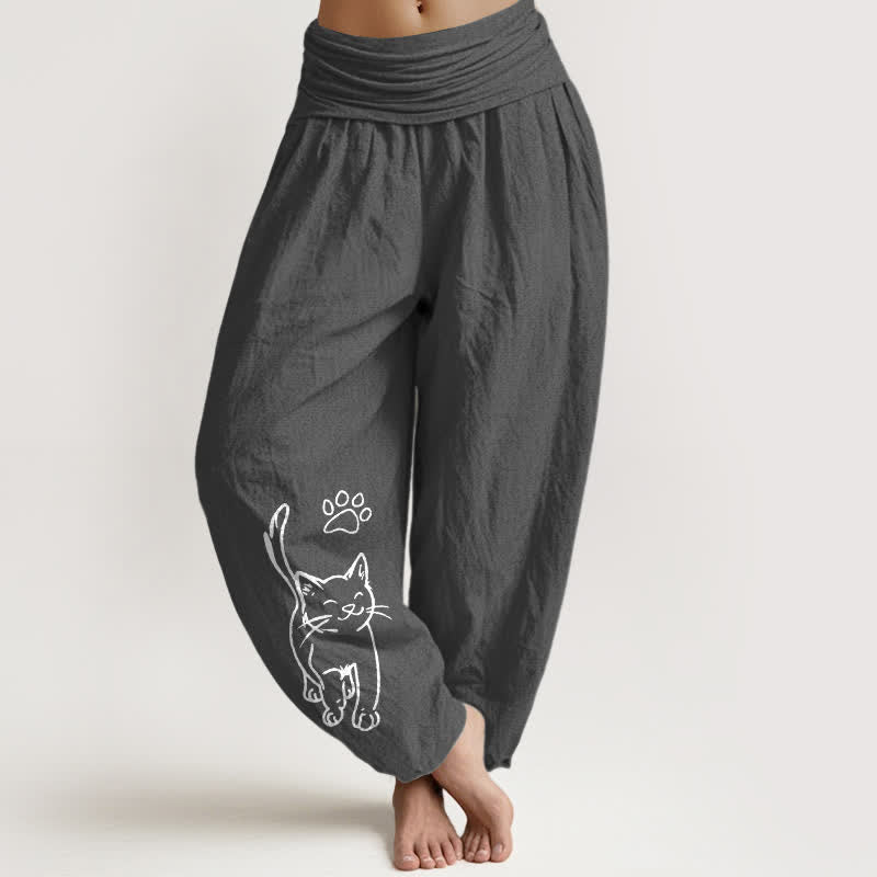 Buddha Stones Pantalones harem de algodón puro con estampado de gato y cintura elástica para mujer. - Gris oscuro - US16，UK/AU20，EU48 (3XL) - image 0
