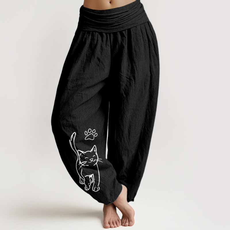 Buddha Stones Pantalones harem de algodón puro con estampado de gato y cintura elástica para mujer. - Negro - US16，UK/AU20，EU48 (3XL) - image 5