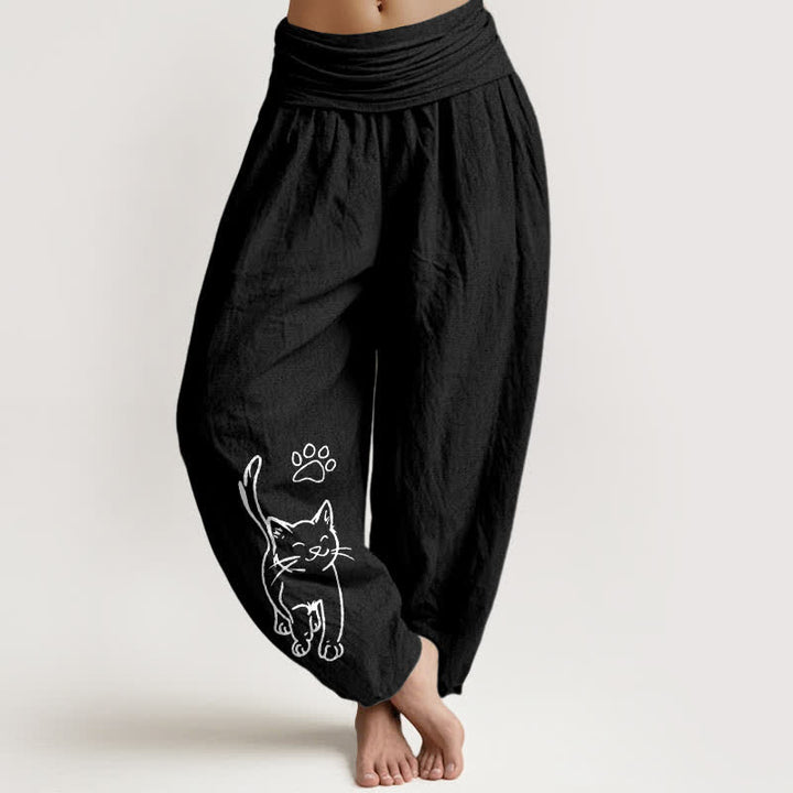 Buddha Stones Pantalones harem de algodón puro con estampado de gato y cintura elástica para mujer. - Negro - US22，UK/AU26，EU54 (6XL) - image 5
