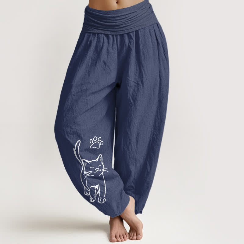 Buddha Stones Pantalones harem de algodón puro con estampado de gato y cintura elástica para mujer. - Azul pizarra oscuro - US16，UK/AU20，EU48 (3XL) - image 8