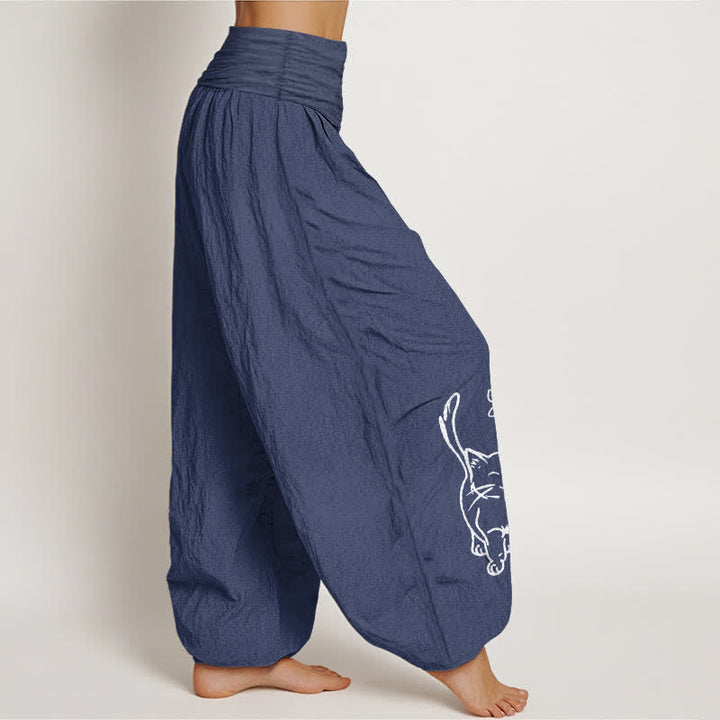 Buddha Stones Pantalones harem de algodón puro con estampado de gato y cintura elástica para mujer. - image 10