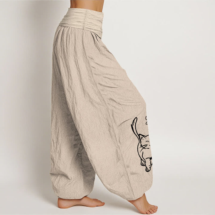 Buddha Stones Pantalones harem de algodón puro con estampado de gato y cintura elástica para mujer. - image 13