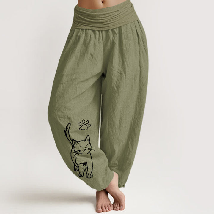 Buddha Stones Pantalones harem de algodón puro con estampado de gato y cintura elástica para mujer. - Verde oliva - US16，UK/AU20，EU48 (3XL) - image 14