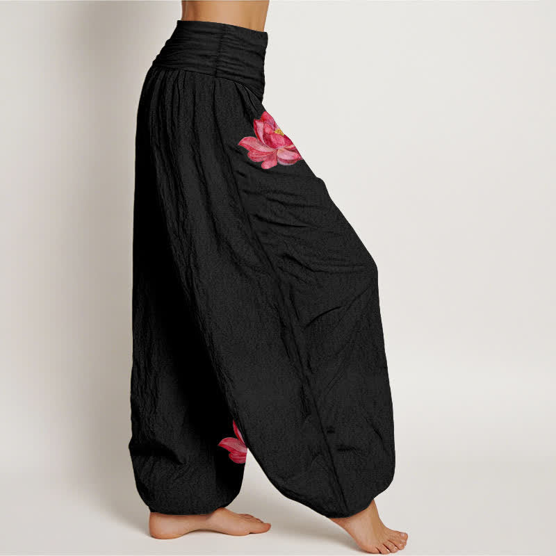 Buddha Stones Pantalones harem de algodón puro para mujer con estampado de loto rosa y cintura elástica alta. - image 2