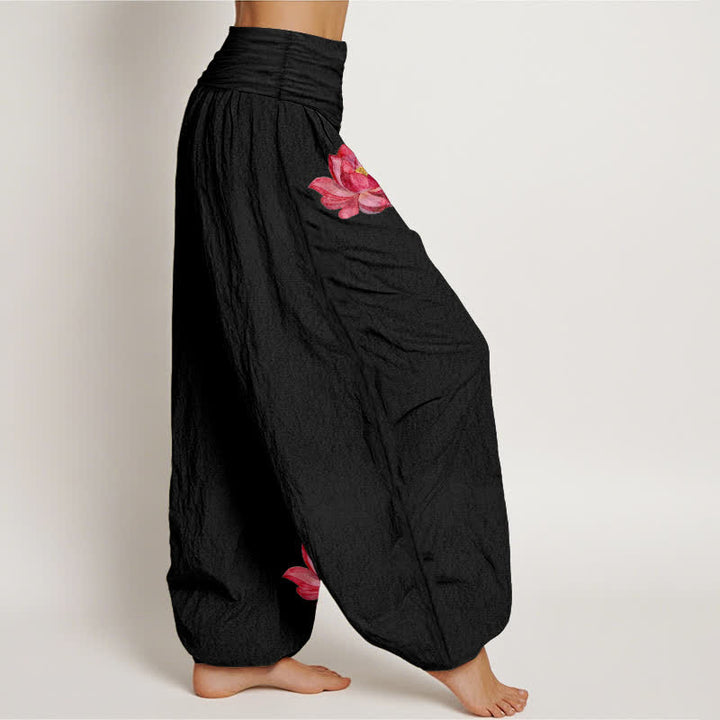 Buddha Stones Pantalones harem de algodón puro para mujer con estampado de loto rosa y cintura elástica alta. - image 2