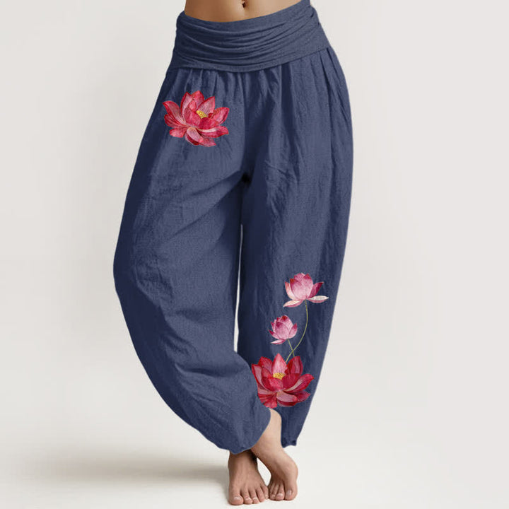 Buddha Stones Pantalones harem de algodón puro para mujer con estampado de loto rosa y cintura elástica alta. - Azul pizarra oscuro - US16，UK/AU20，EU48 (3XL) - image 5