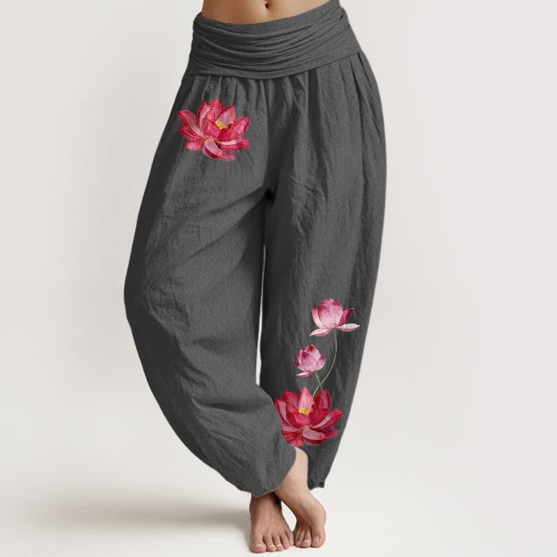 Buddha Stones Pantalones harem de algodón puro para mujer con estampado de loto rosa y cintura elástica alta. - Gris oscuro - US16，UK/AU20，EU48 (3XL) - image 8