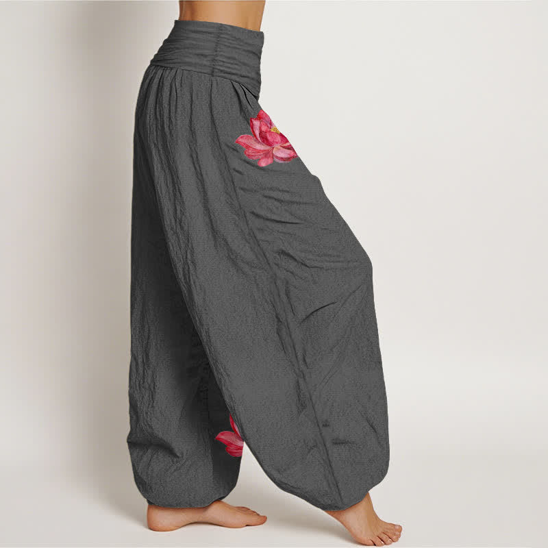 Buddha Stones Pantalones harem de algodón puro para mujer con estampado de loto rosa y cintura elástica alta. - image 10