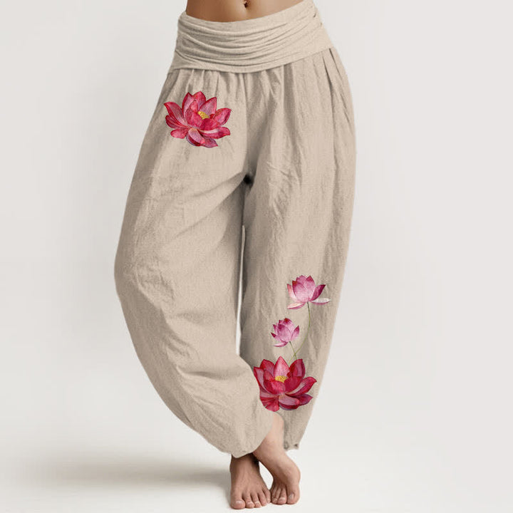 Buddha Stones Pantalones harem de algodón puro para mujer con estampado de loto rosa y cintura elástica alta. - Broncearse - US16，UK/AU20，EU48 (3XL) - image 11