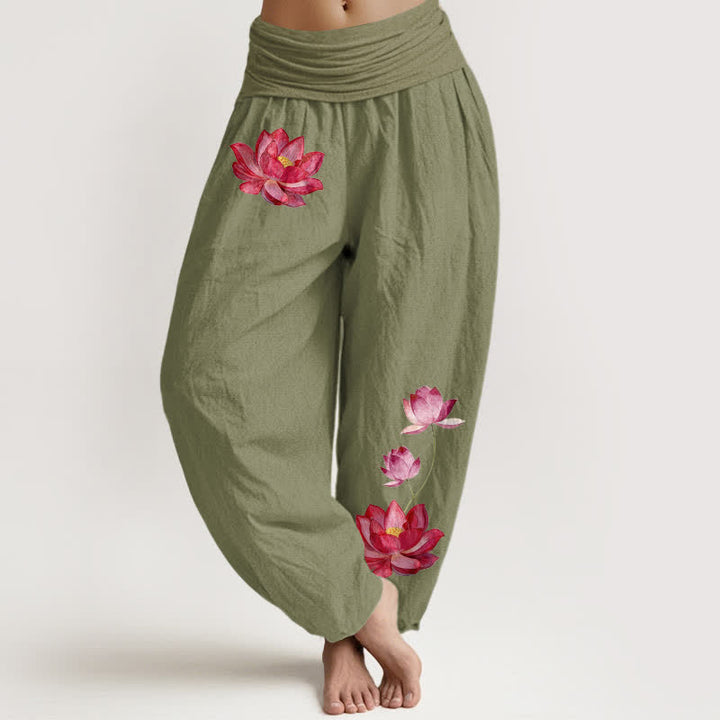 Buddha Stones Pantalones harem de algodón puro para mujer con estampado de loto rosa y cintura elástica alta. - Verde oliva - US16，UK/AU20，EU48 (3XL) - image 14