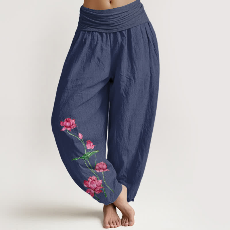 Buddha Stones Pantalones harem de mujer con cintura elástica y estampado de flores y hojas de loto, de algodón puro. - Azul pizarra oscuro - US16，UK/AU20，EU48 (3XL) - image 0