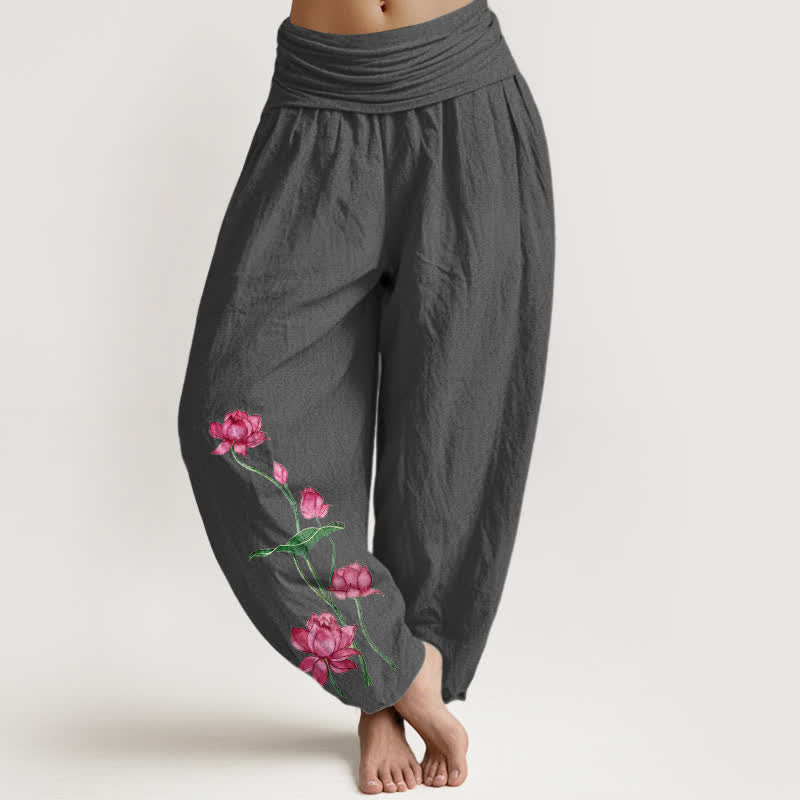 Buddha Stones Pantalones harem de mujer con cintura elástica y estampado de flores y hojas de loto, de algodón puro. - Gris oscuro - US16，UK/AU20，EU48 (3XL) - image 8