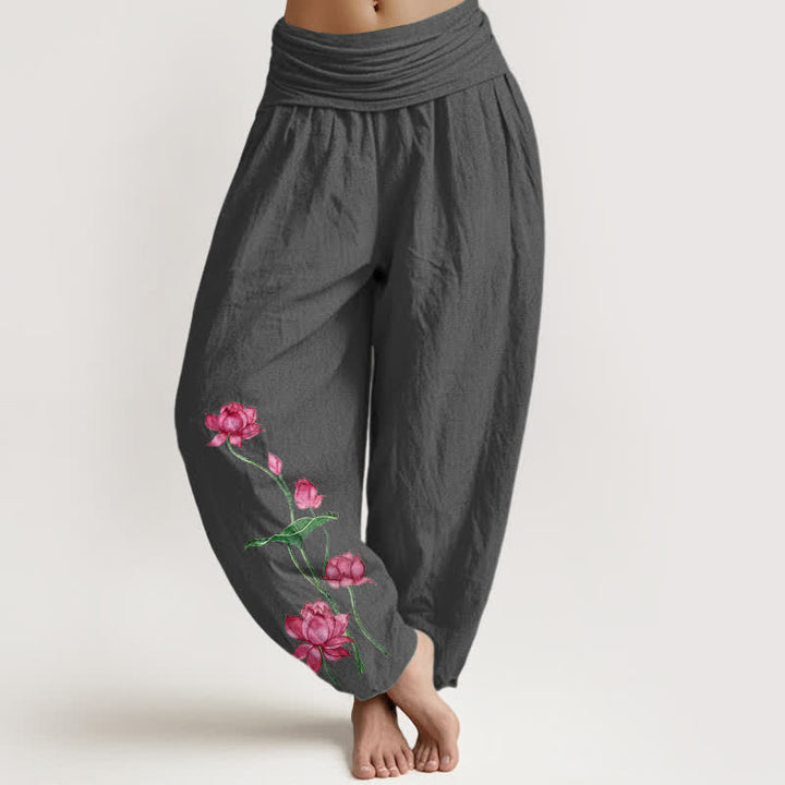 Buddha Stones Pantalones harem de mujer con cintura elástica y estampado de flores y hojas de loto, de algodón puro. - Gris oscuro - US16，UK/AU20，EU48 (3XL) - image 8