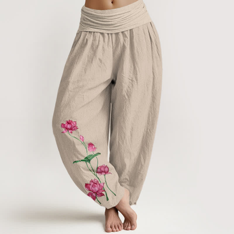 Buddha Stones Pantalones harem de mujer con cintura elástica y estampado de flores y hojas de loto, de algodón puro. - Broncearse - US16，UK/AU20，EU48 (3XL) - image 11