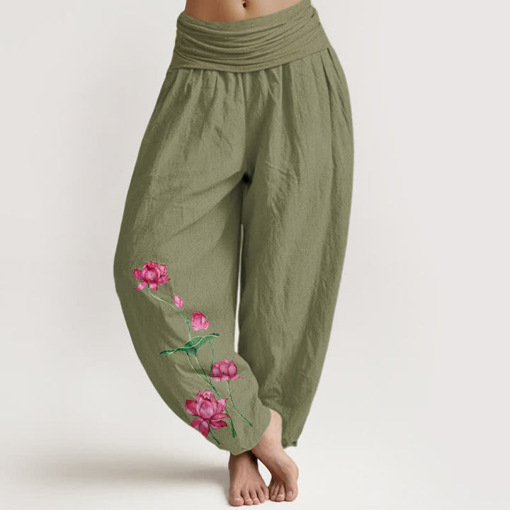 Buddha Stones Pantalones harem de mujer con cintura elástica y estampado de flores y hojas de loto, de algodón puro. - Verde oliva - US16，UK/AU20，EU48 (3XL) - image 14