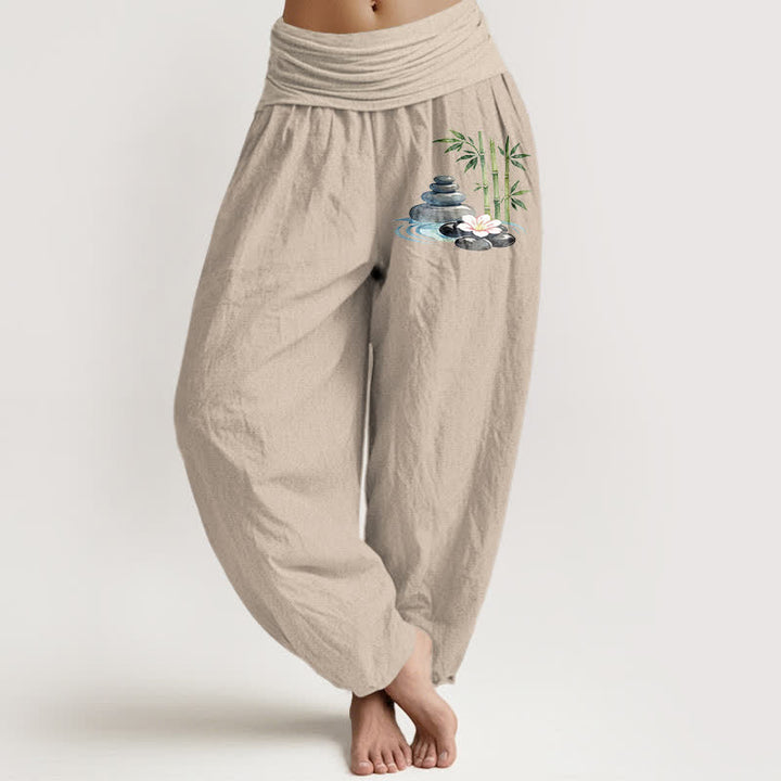 Buddha Stones Pantalones harem de mujer de talle alto con estampado de flores de bambú y pedrería, de algodón puro. - Broncearse - US16，UK/AU20，EU48 (3XL) - image 0