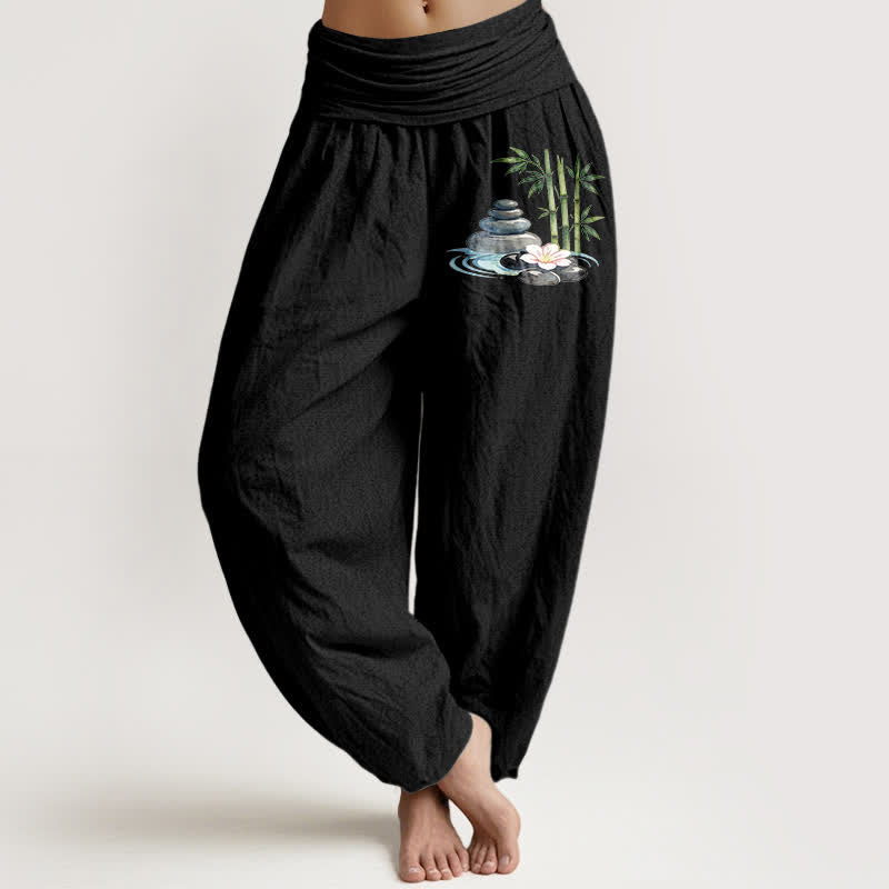 Buddha Stones Pantalones harem de mujer de talle alto con estampado de flores de bambú y pedrería, de algodón puro. - Negro - US16，UK/AU20，EU48 (3XL) - image 5