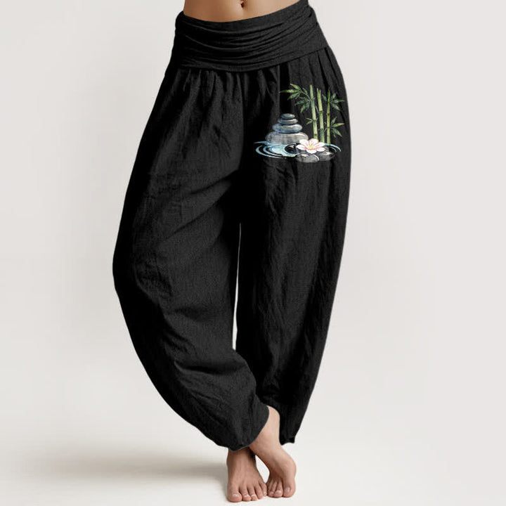 Buddha Stones Pantalones harem de mujer de talle alto con estampado de flores de bambú y pedrería, de algodón puro. - Negro - US16，UK/AU20，EU48 (3XL) - image 5